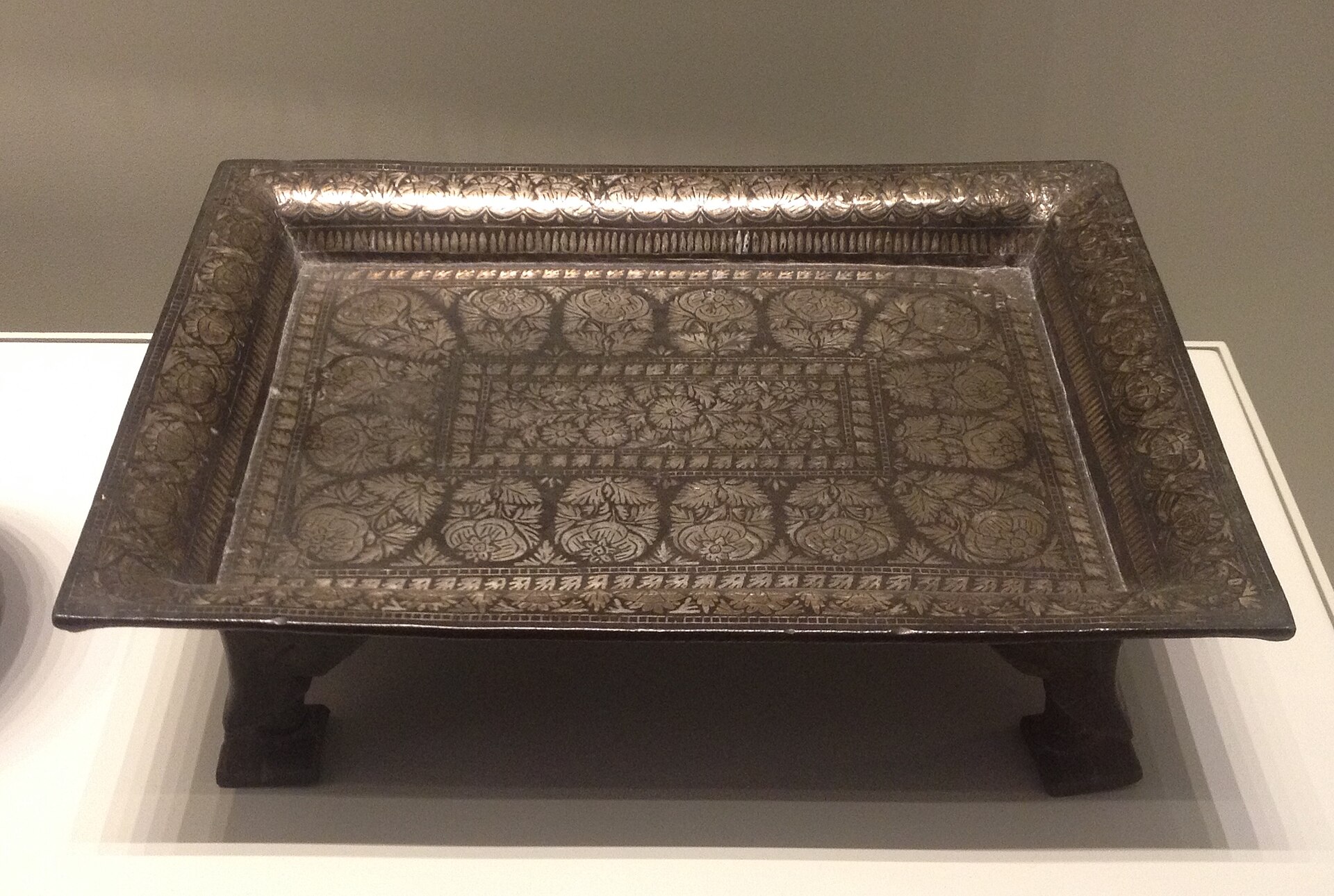 Antique Bidriware tray — blackened zinc-copper alloy inlaid with silver